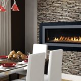 linear gas fireplace in dining room