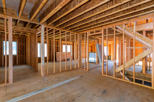 Interior wooden framework of new home construction.