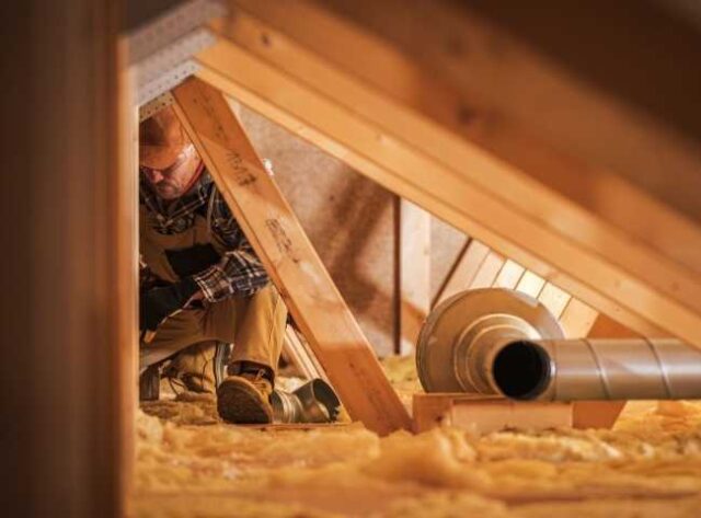 Insulation contractor working on insulation in a small attic.