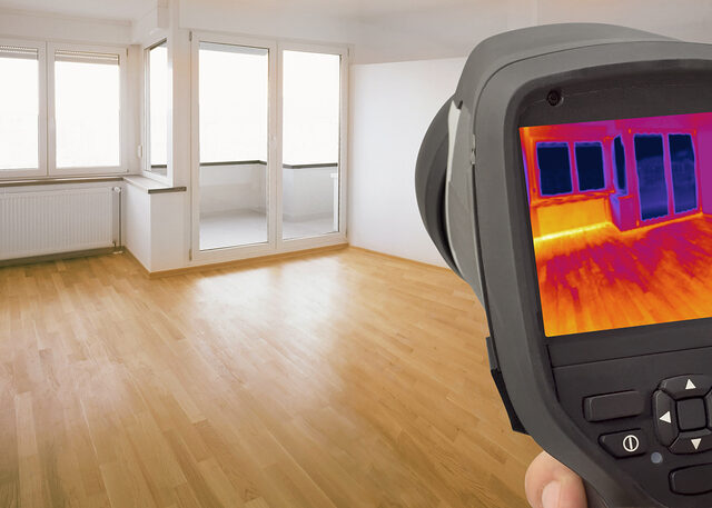 Handheld thermal imaging device showing heat loss in windows of empty living room.
